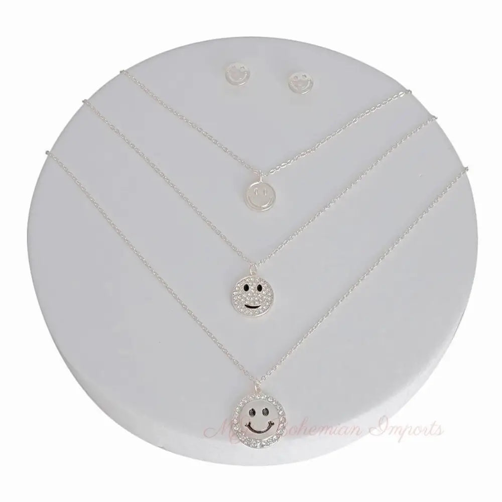 Silver 3 Layer Bling Smiley Face Dainty Necklace Set