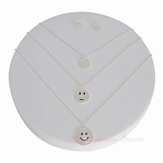 Silver 3 Layer Bling Smiley Face Dainty Necklace Set