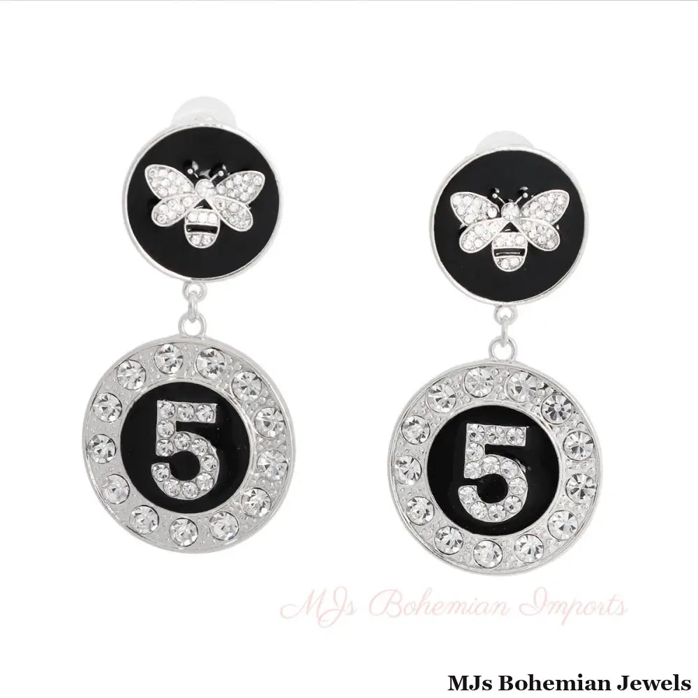 Silver and Black Bee 5 Charm Earrings