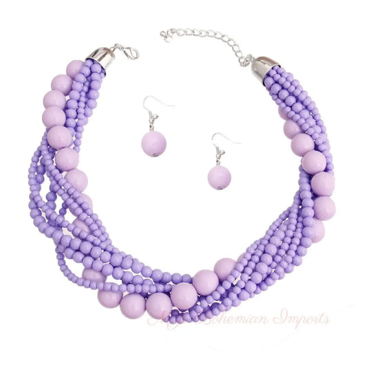 Silver and Lavender Bead Twisted Necklace Set