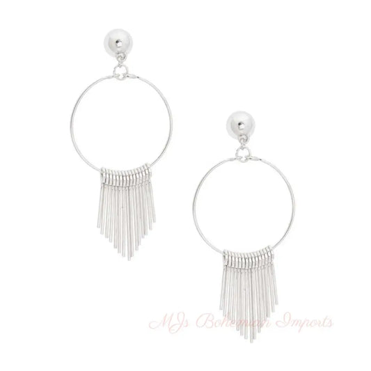 Silver Bar Fringe Circle Earrings