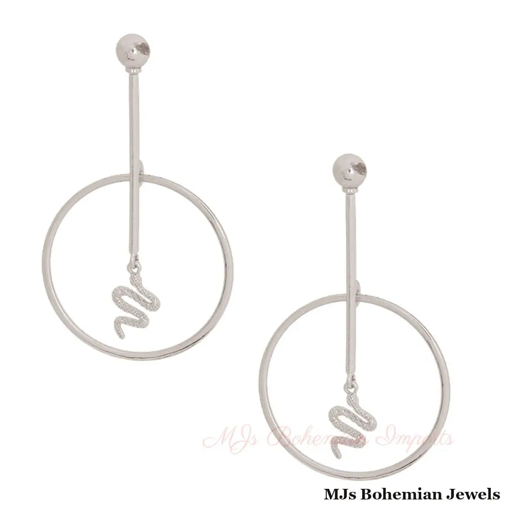 Silver Bar Round Snake Charm Earrings