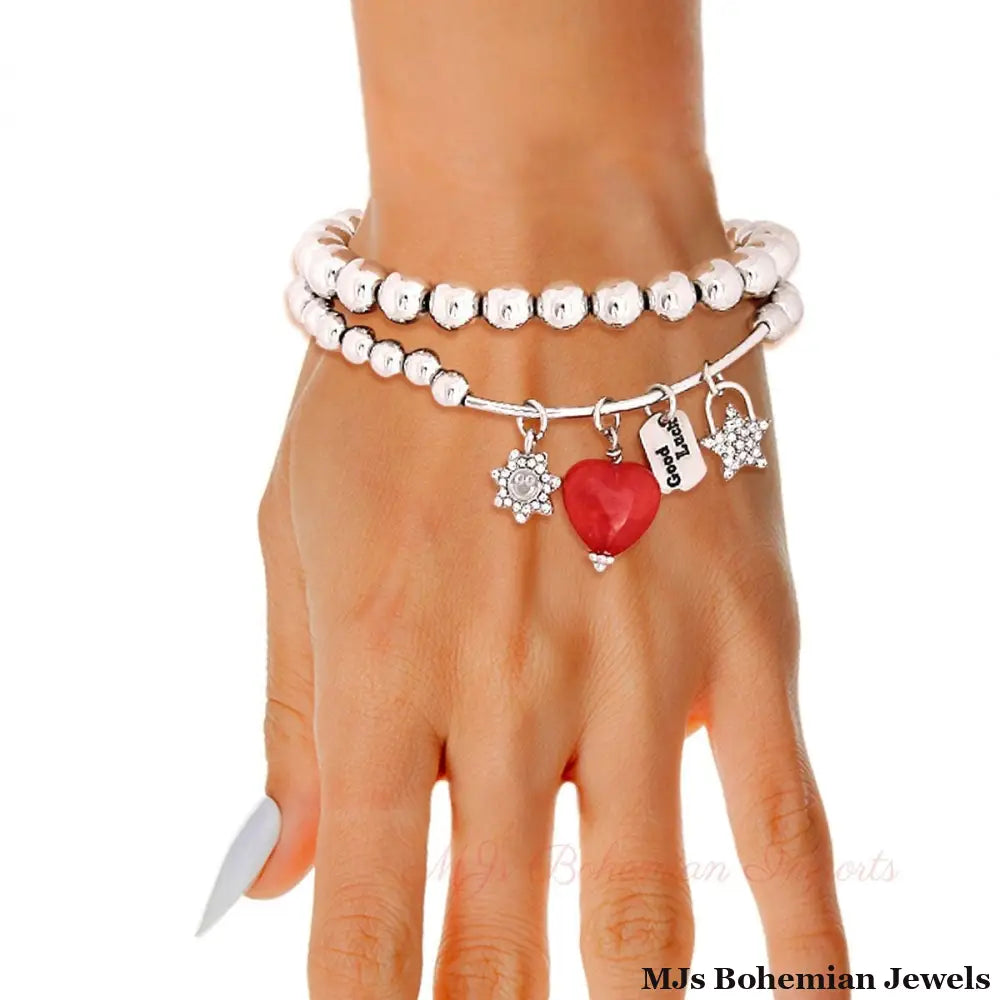 Silver Bead 2 Pcs Heart Charm Bracelets