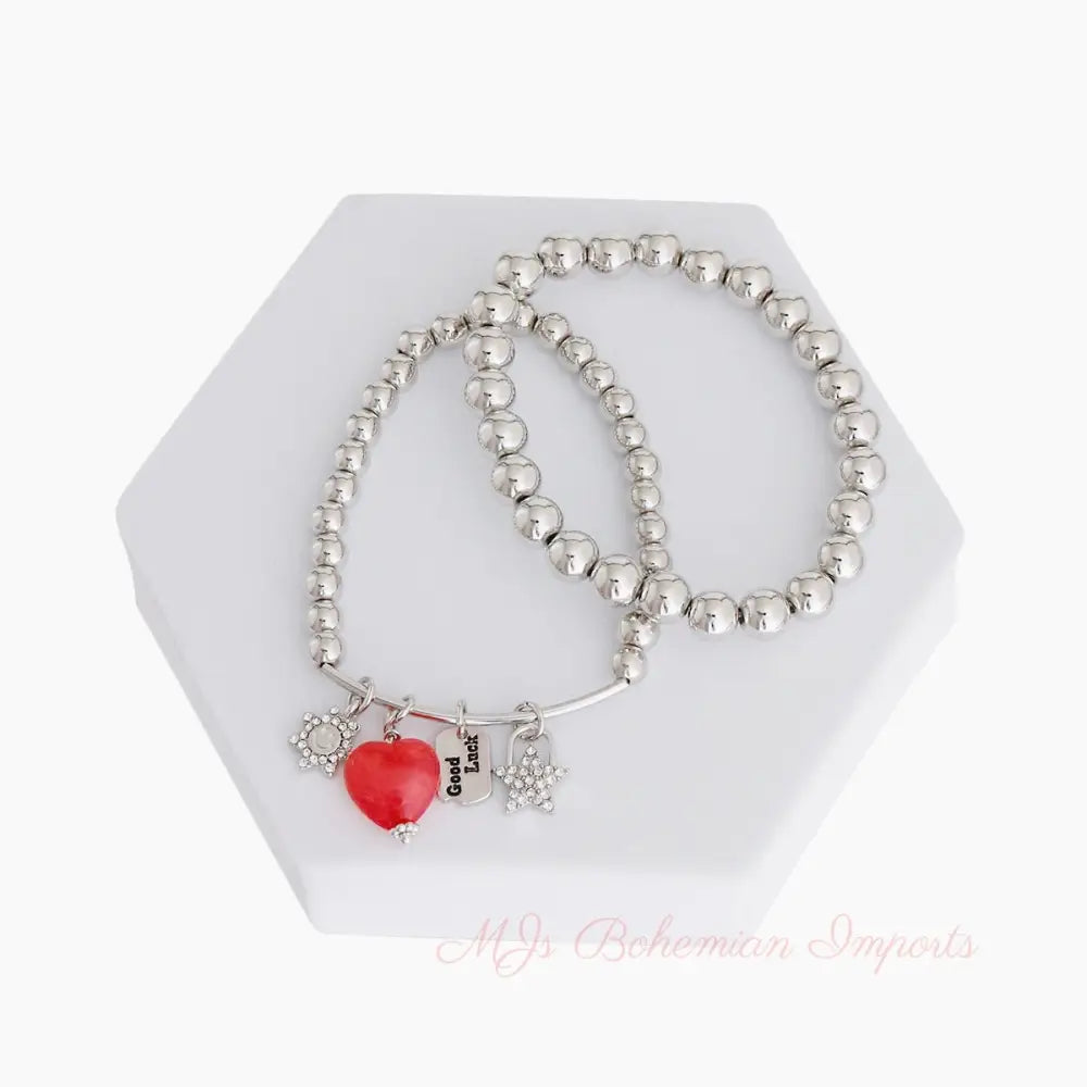 Silver Bead 2 Pcs Heart Charm Bracelets