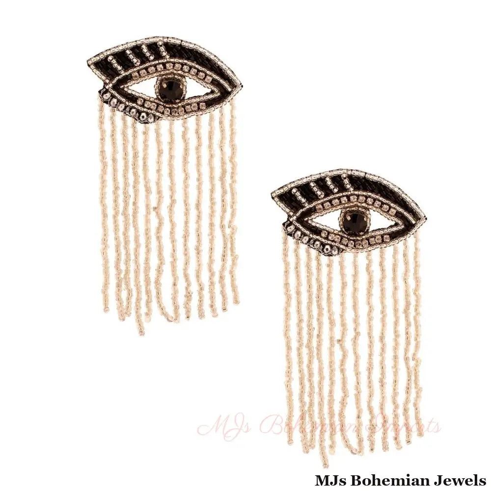 Silver Bead Fringe Lined Eye Earrings