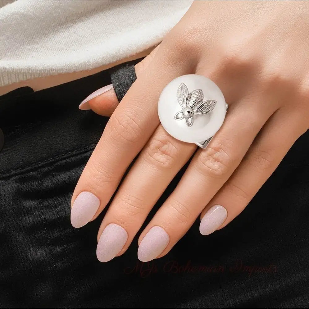 Silver Bee Accented Pearl Ring