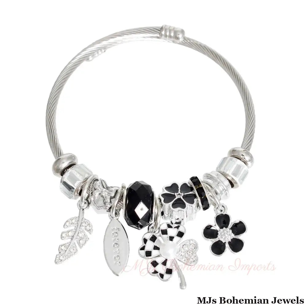 Silver Black Clover Cable Bangle