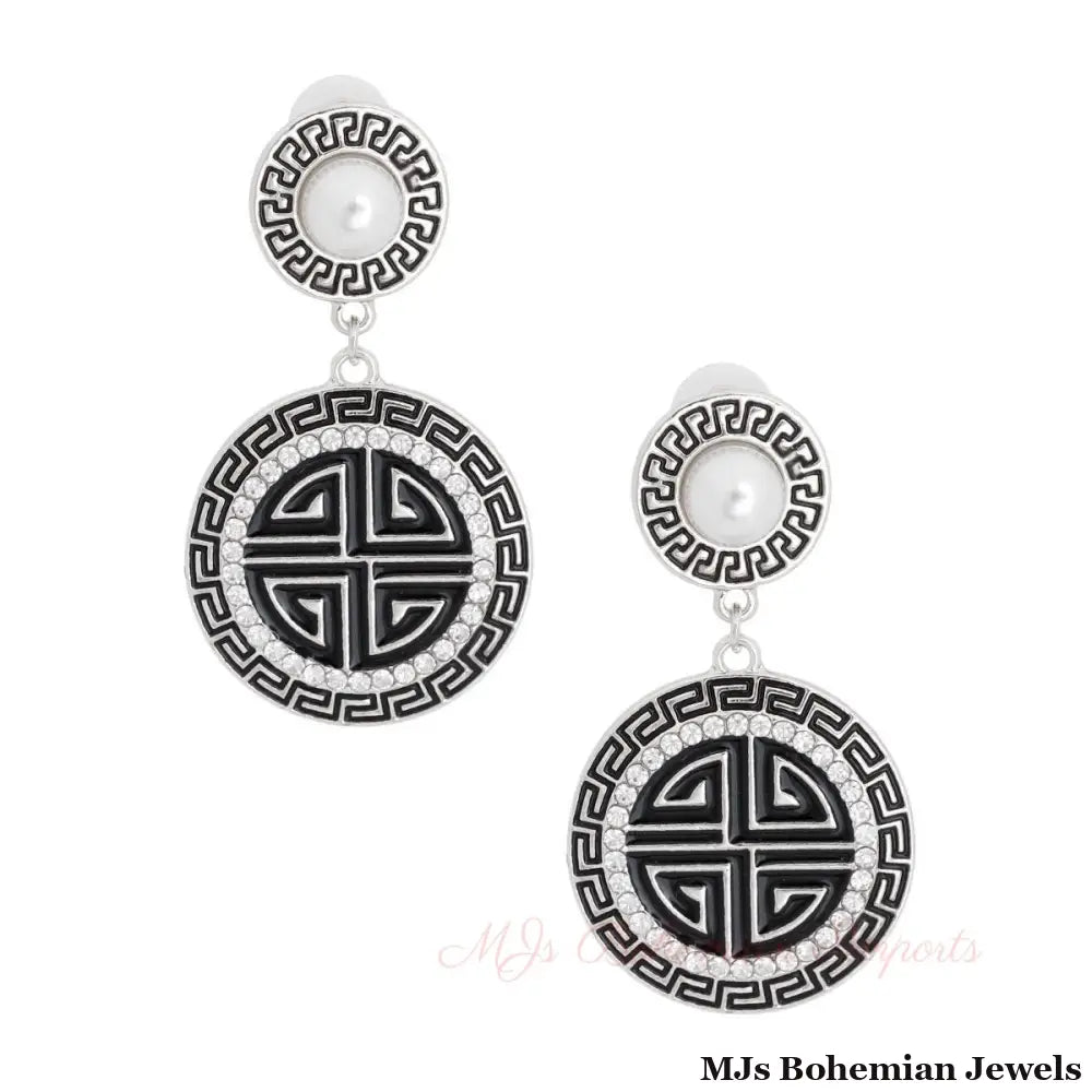 Silver Black Round Greek Key Charm Earrings