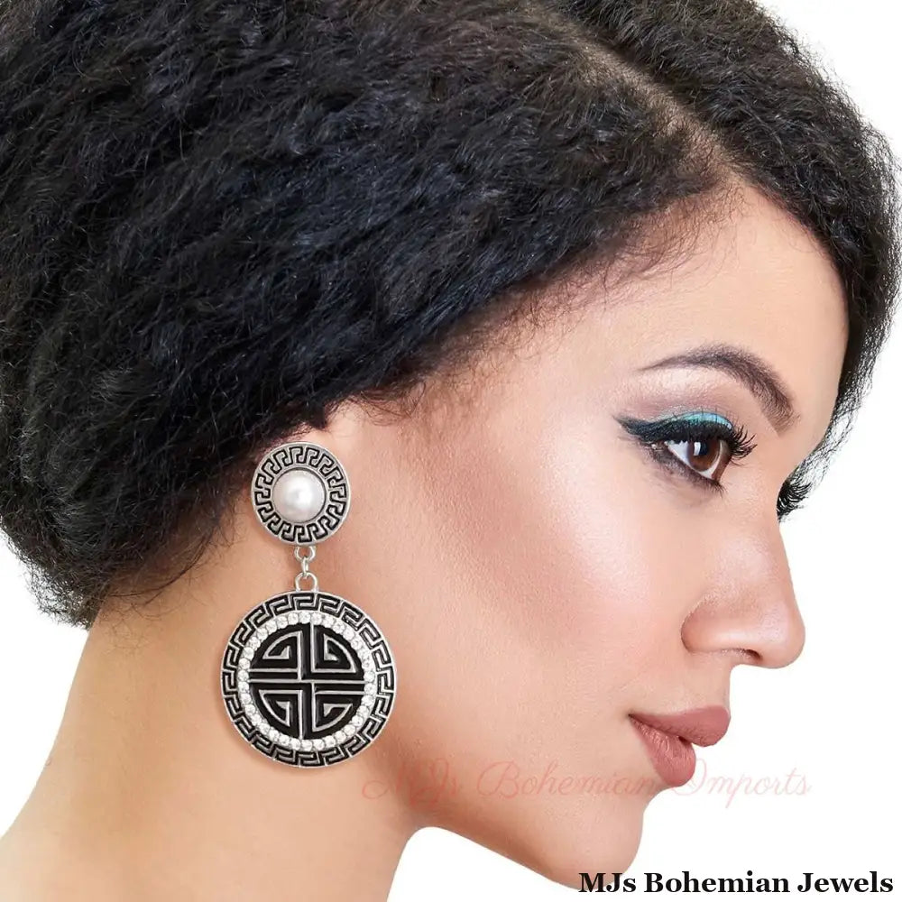Silver Black Round Greek Key Charm Earrings