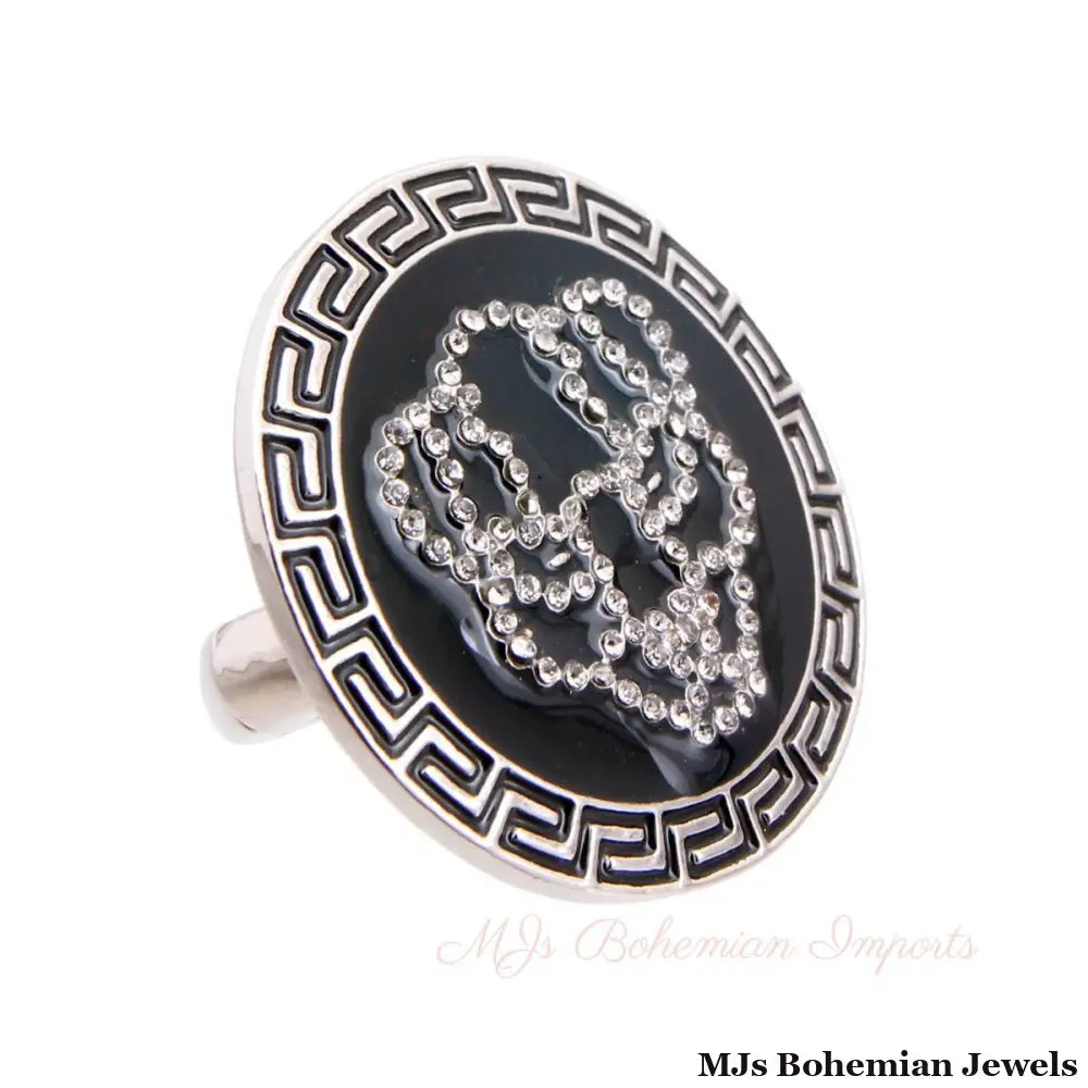 Silver Black Round Tiger Cocktail Ring