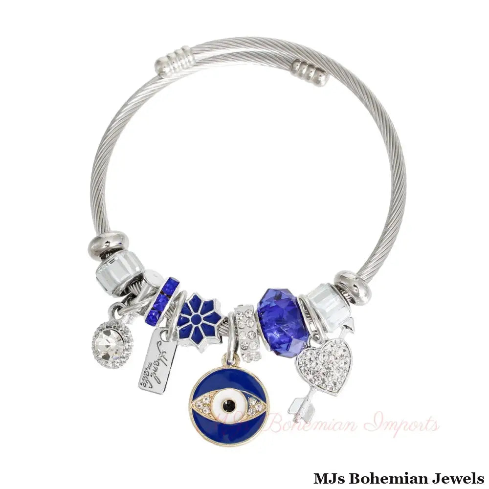 Silver Blue Evil Eye Cable Bangle