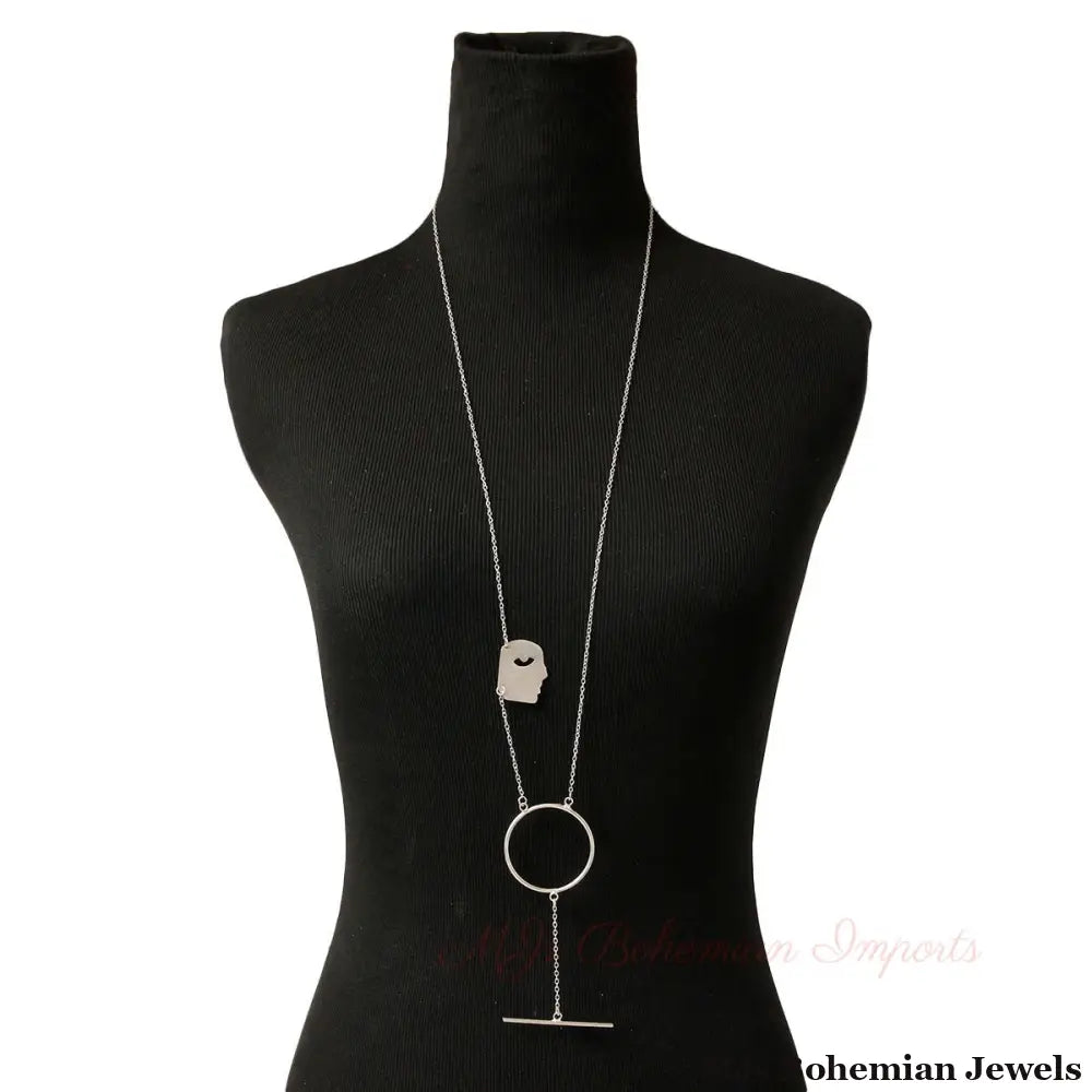 Silver Brass Face Pendant Necklace