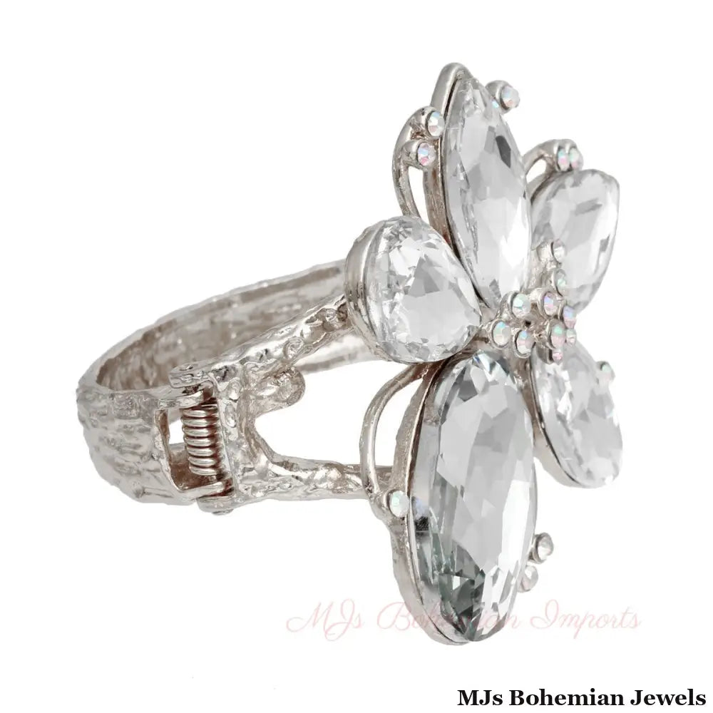 Silver Clear Crystal Flower Hinge Cuff