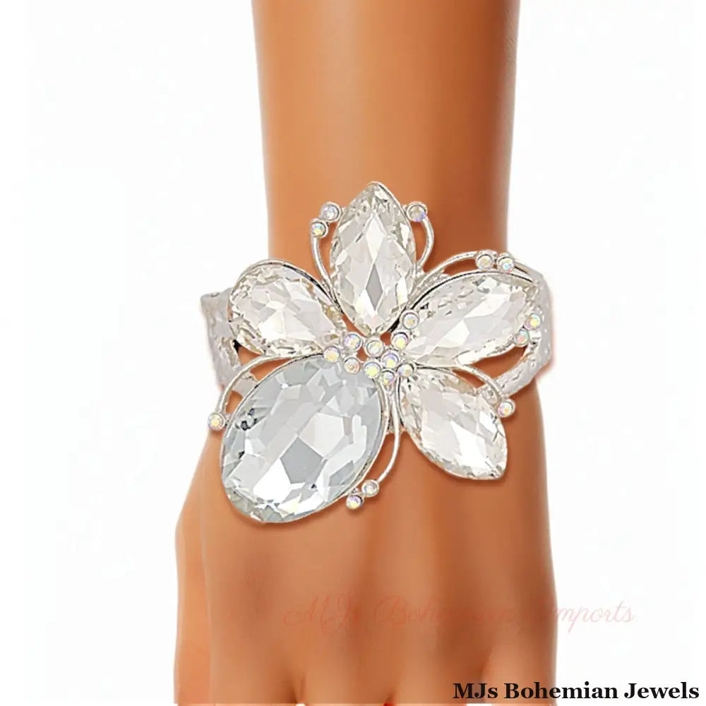 Silver Clear Crystal Flower Hinge Cuff