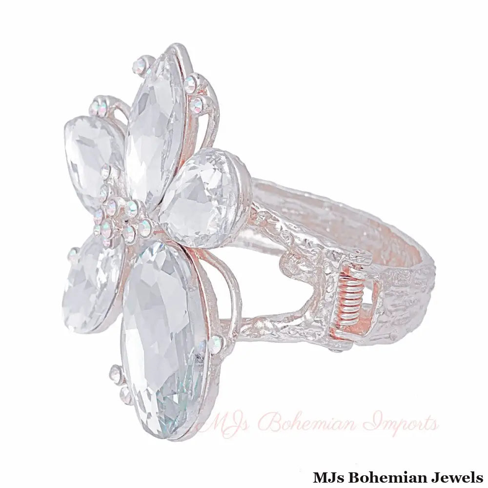 Silver Clear Crystal Flower Hinge Cuff