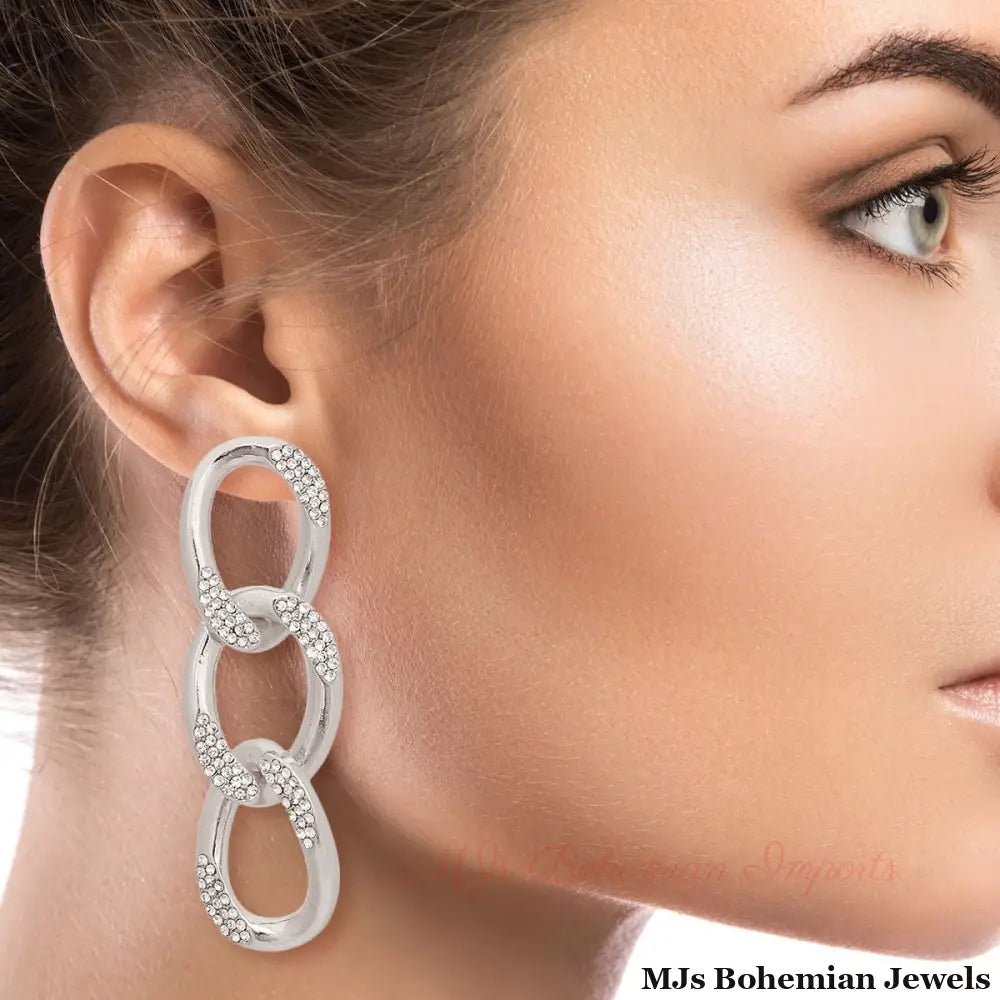 Silver Crusted Rhinestone Link Earrings