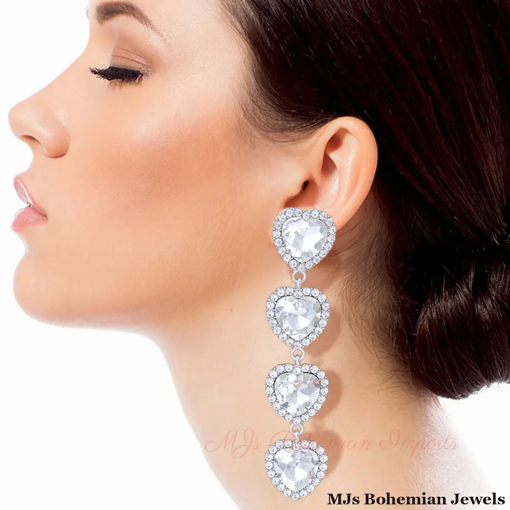 Silver Crystal Quad Heart Earrings