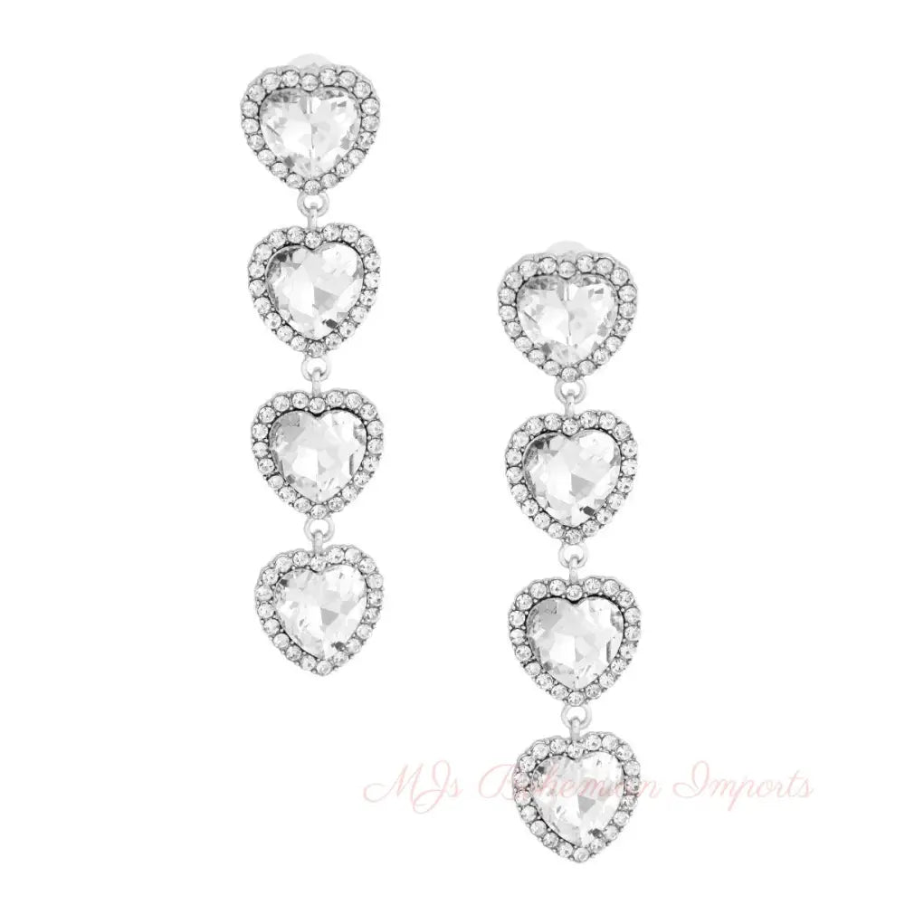 Silver Crystal Quad Heart Earrings