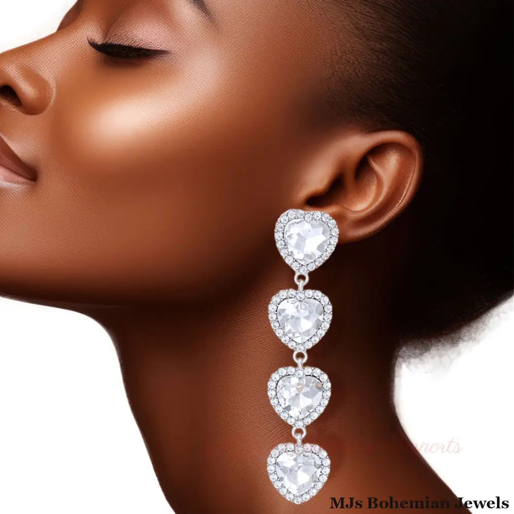 Silver Crystal Quad Heart Earrings