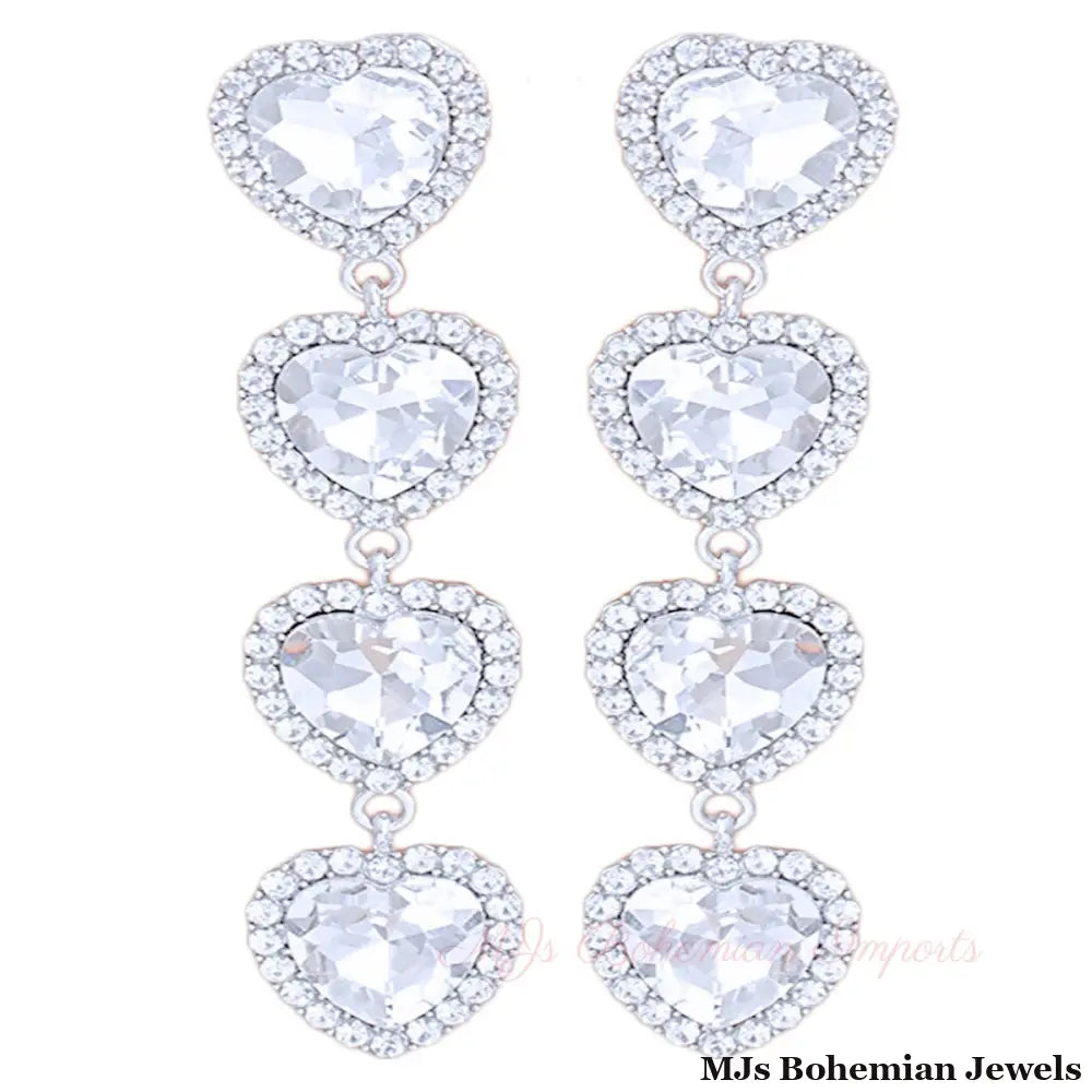 Silver Crystal Quad Heart Earrings