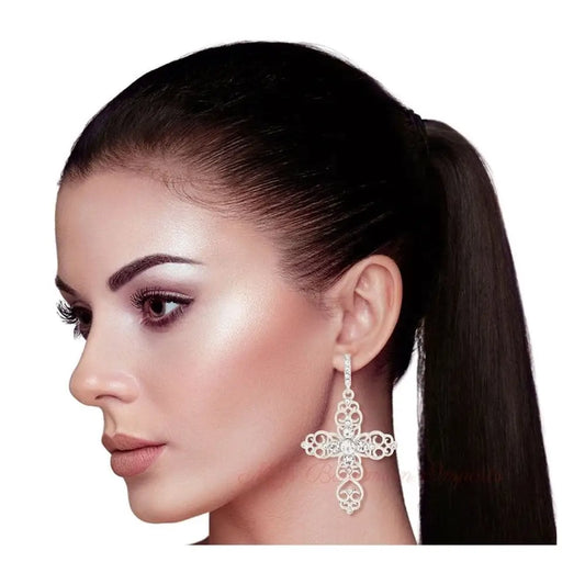 Silver Filigree Cross Earrings