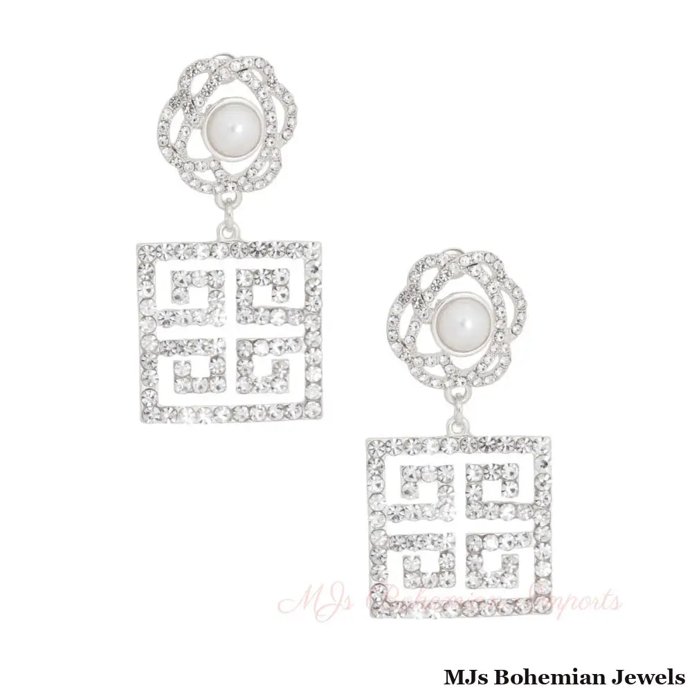 Silver Flower Square Greek Key Earrings