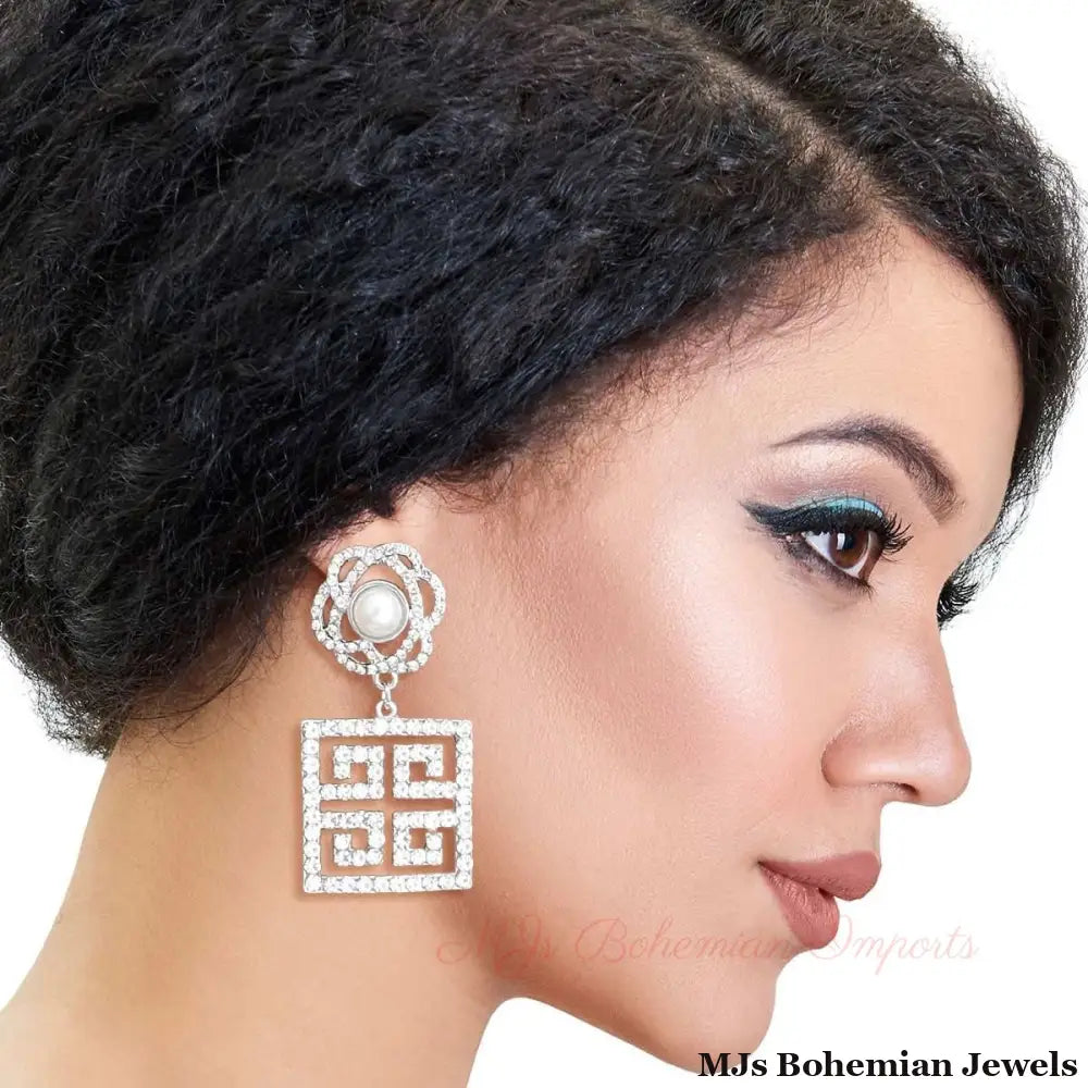 Silver Flower Square Greek Key Earrings