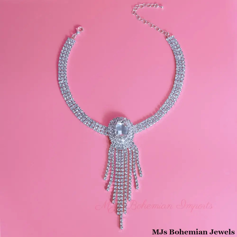 Silver Frame Fringe Rhinestone Choker