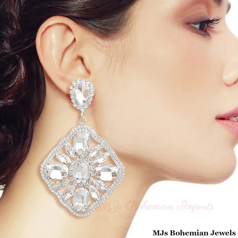 Silver Glass Crystal Diamond Earrings