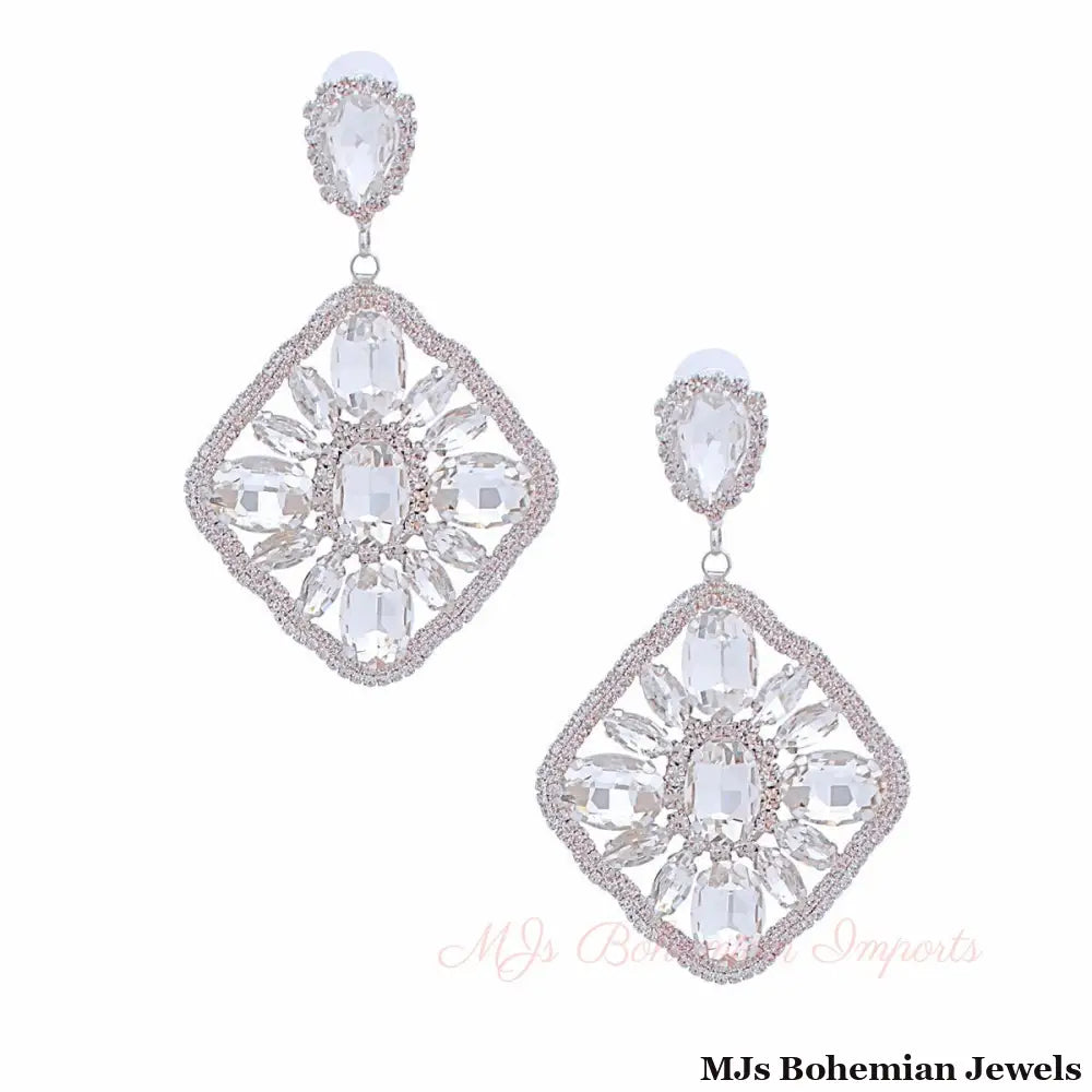 Silver Glass Crystal Diamond Earrings