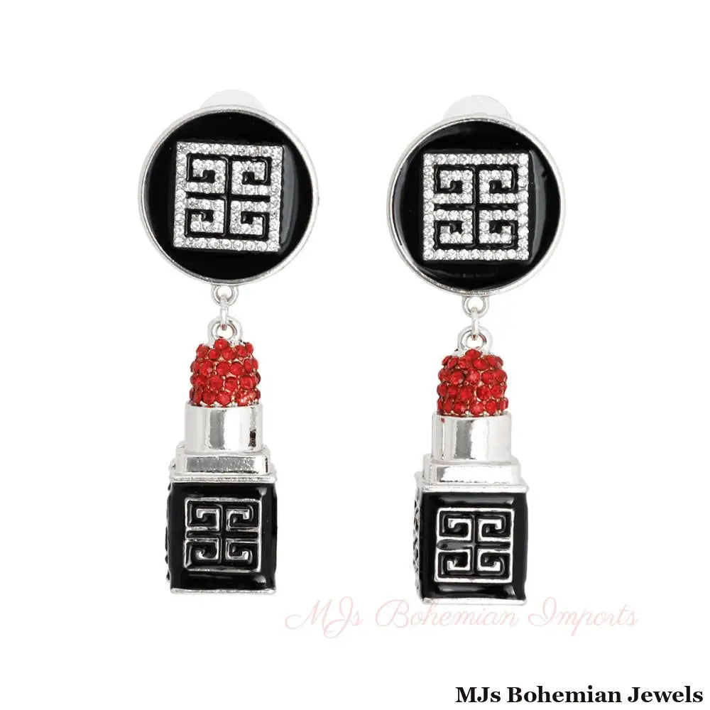 Silver Greek Key 3D Lipstick Charm Earrings