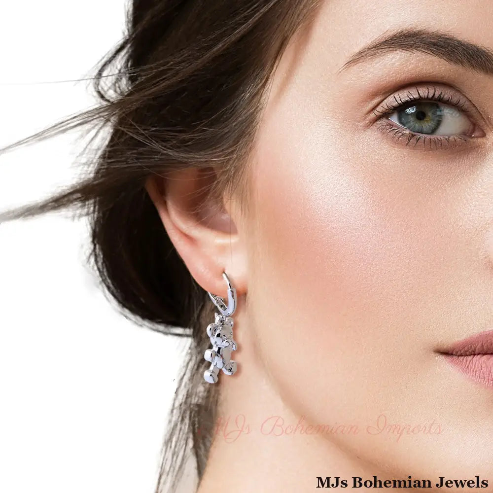 Silver Huggie Teddy Bear Hoops