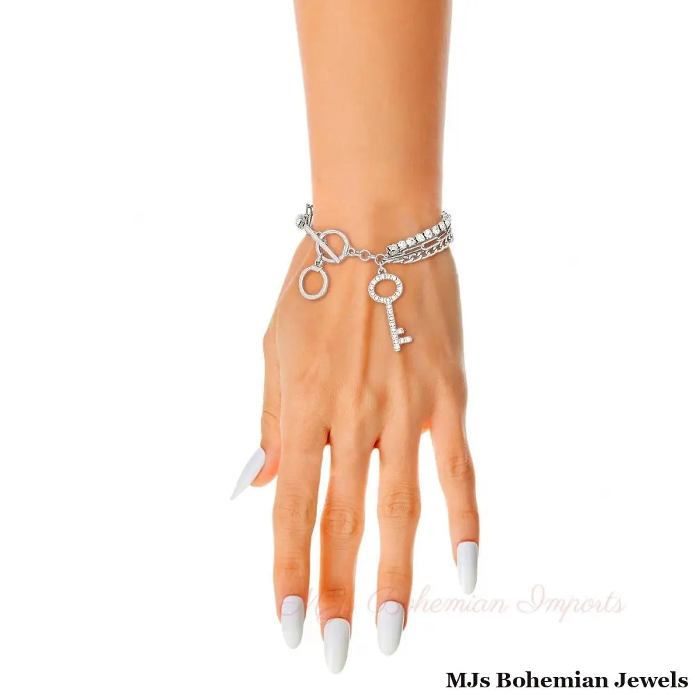 Silver Layered Chain Key Bracelet