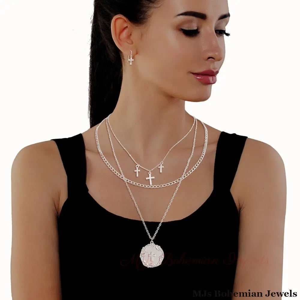 Silver Layered Religious Cross Chain