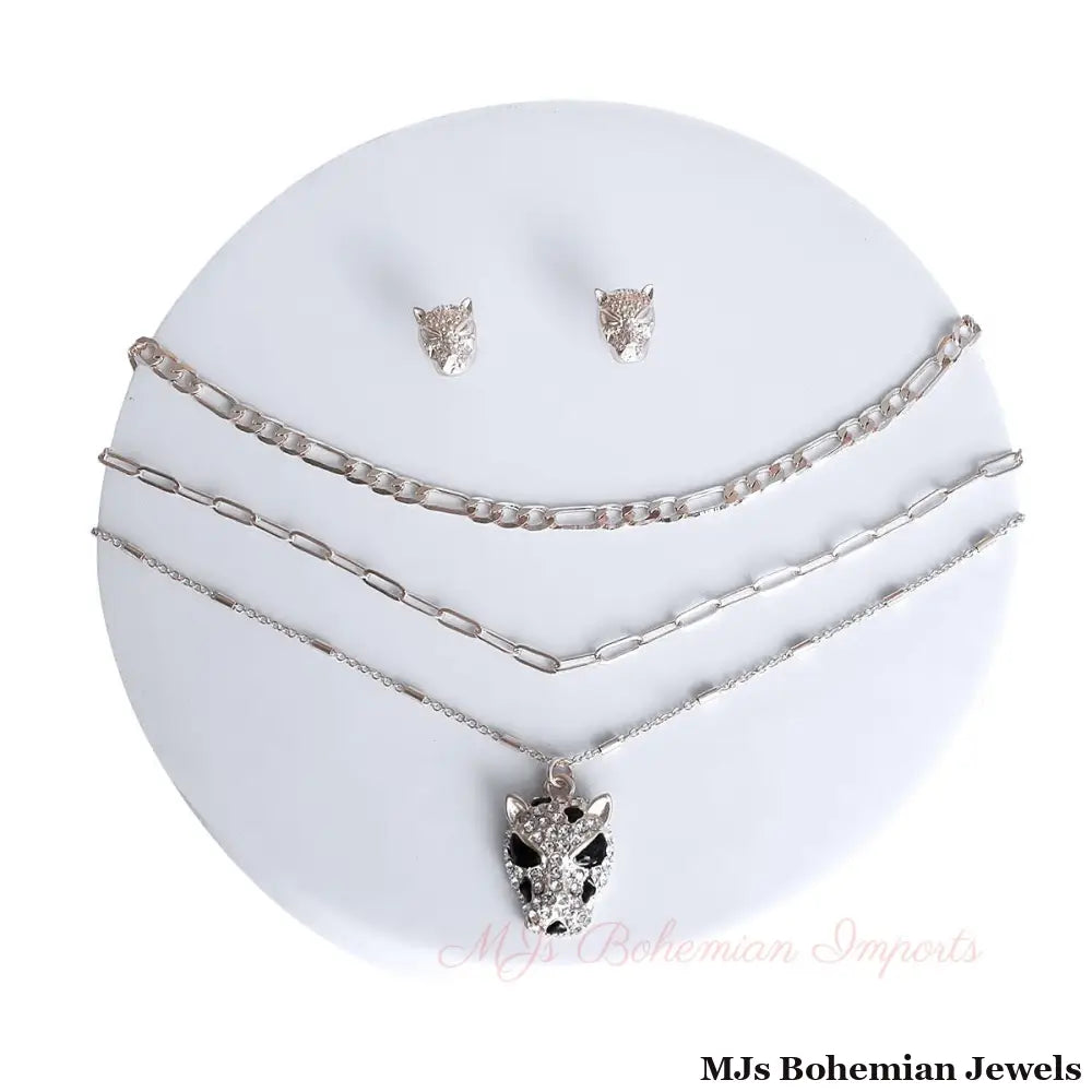 Silver Leopard Layered Chain Necklace
