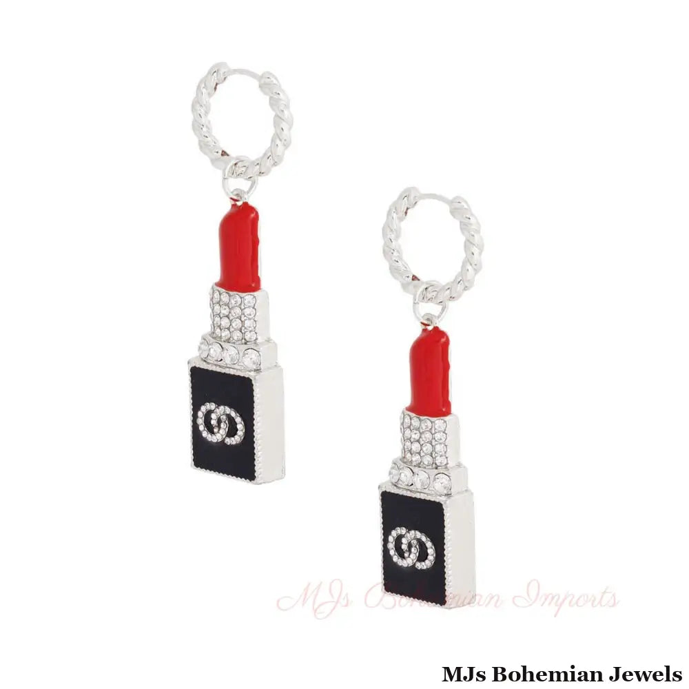 Silver Lipstick Charm Hoops