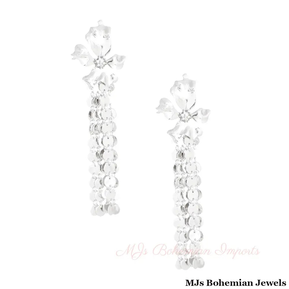 Silver Metal Fringe Flower Earrings