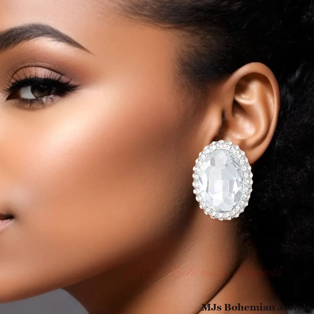 Silver Oval Halo Studs