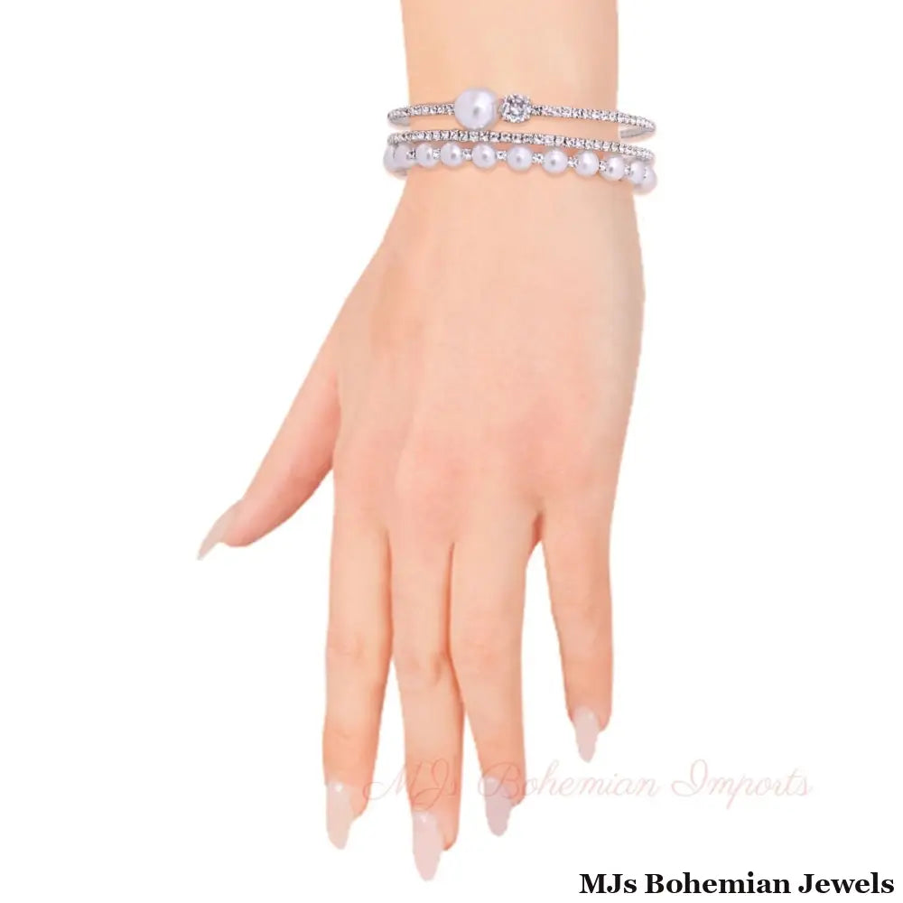 Silver Pearl 3 Line Rhinestone Cuff