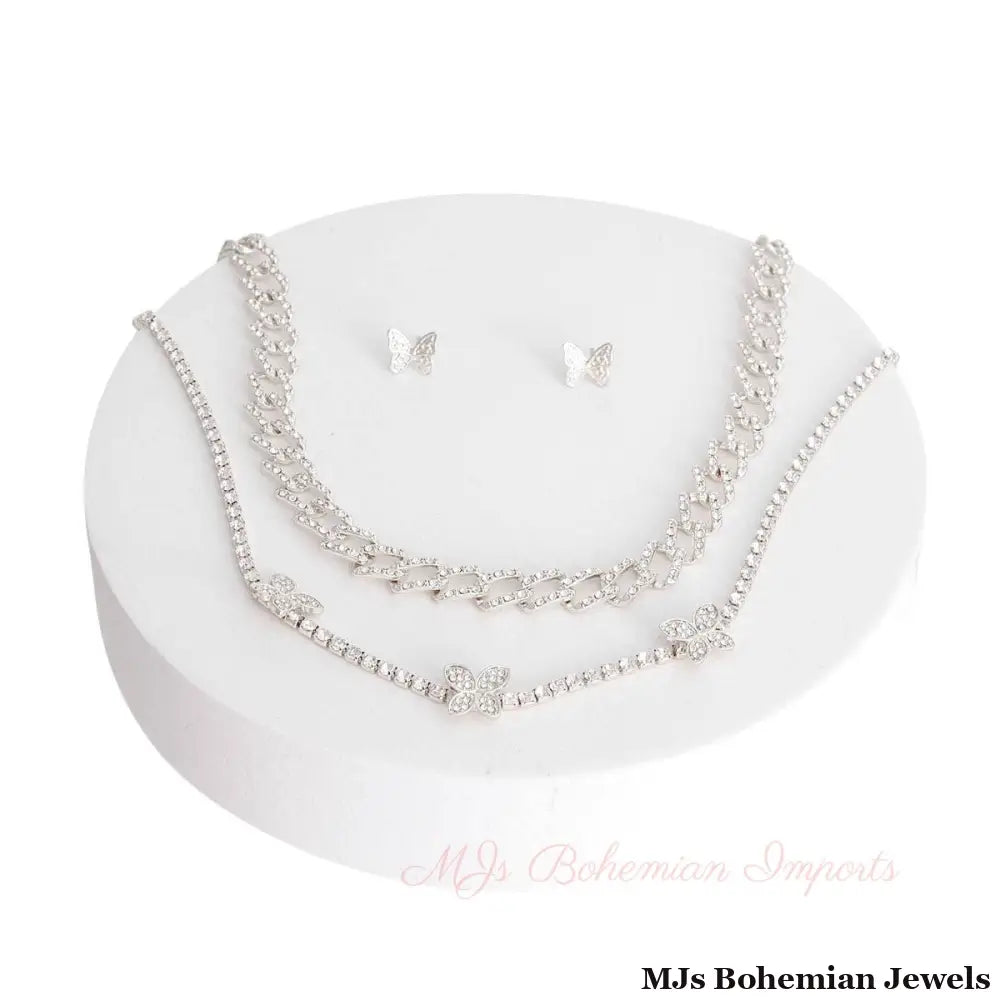 Silver Rhinestone Butterfly Station 2Pc Set
