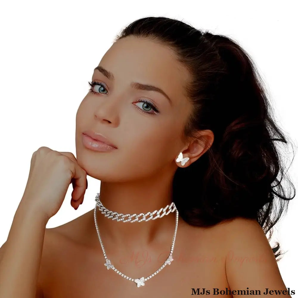 Silver Rhinestone Butterfly Station 2Pc Set