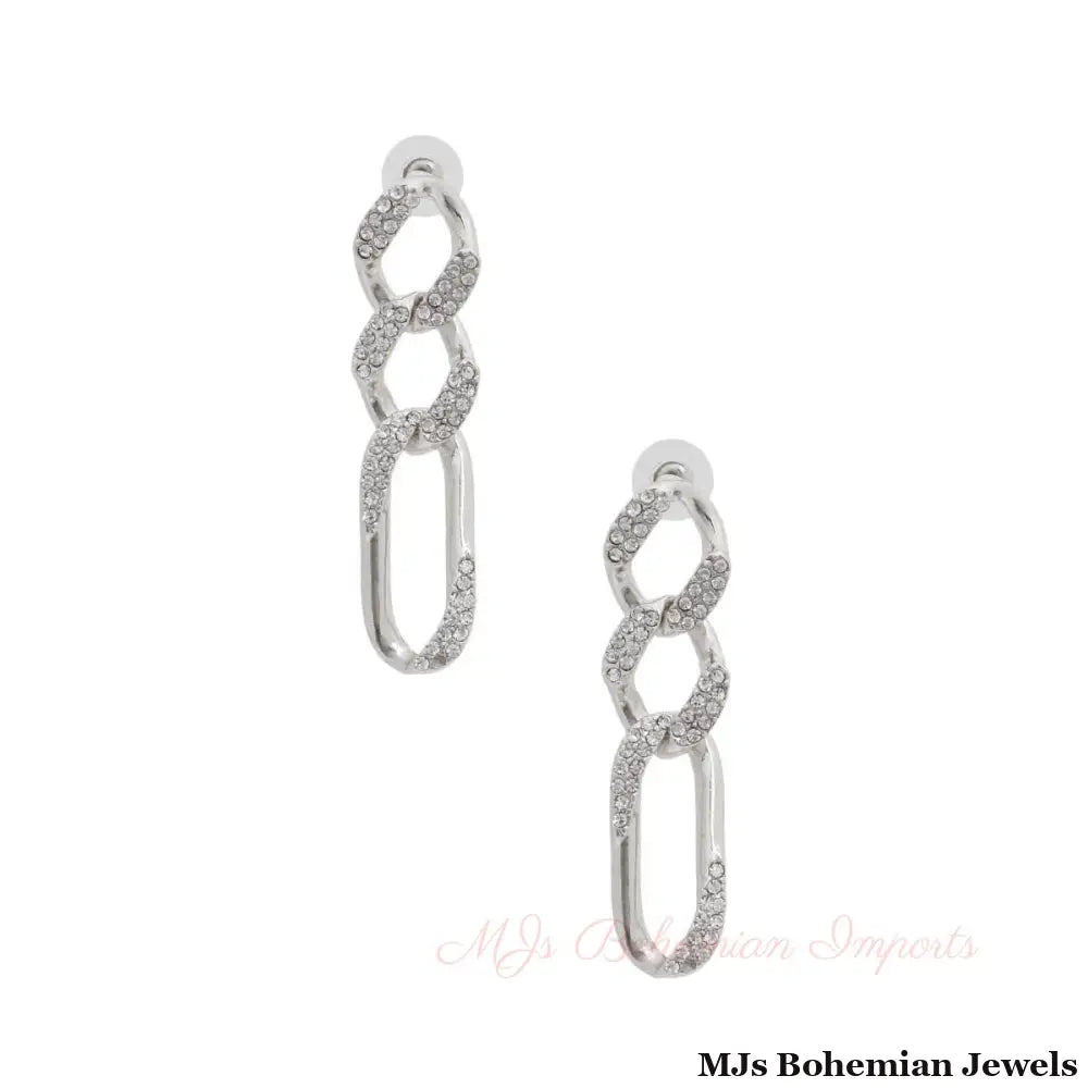 Silver Rhinestone Crusted Chain Earrings