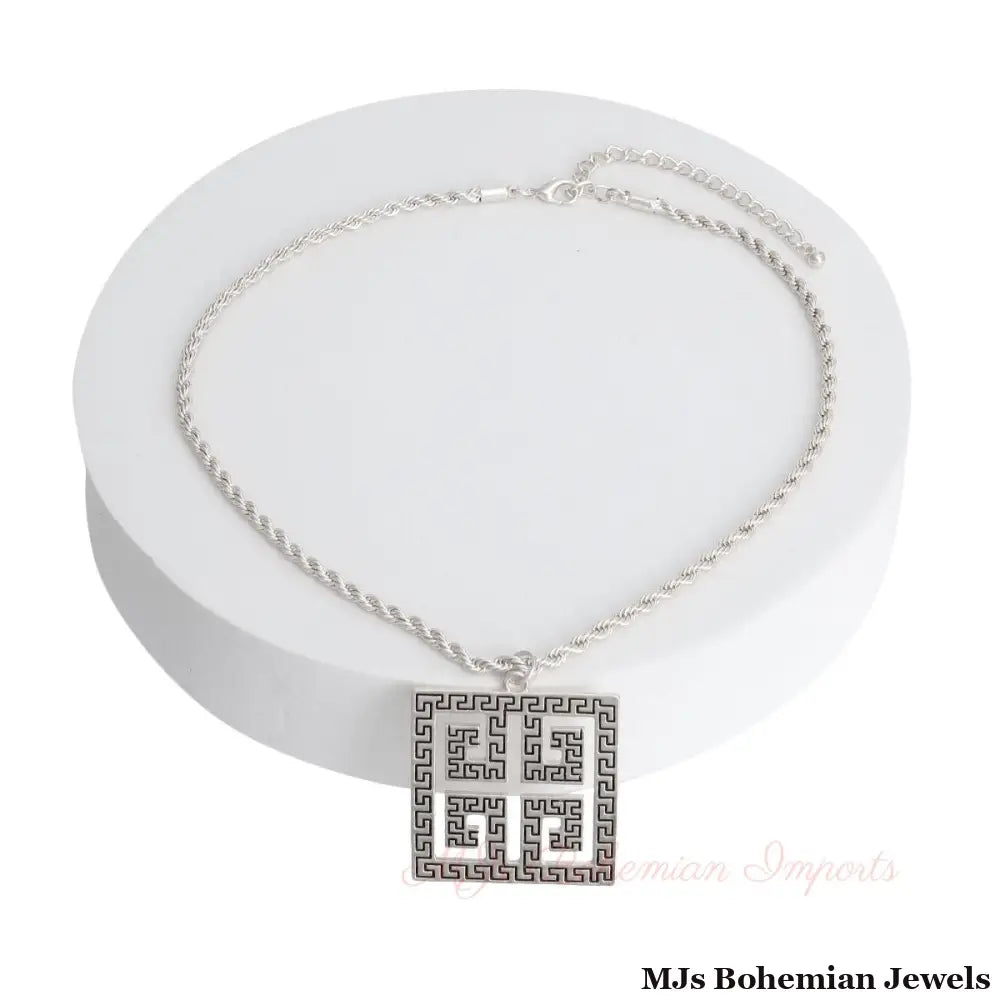 Silver Square Greek Key Pendant Necklace