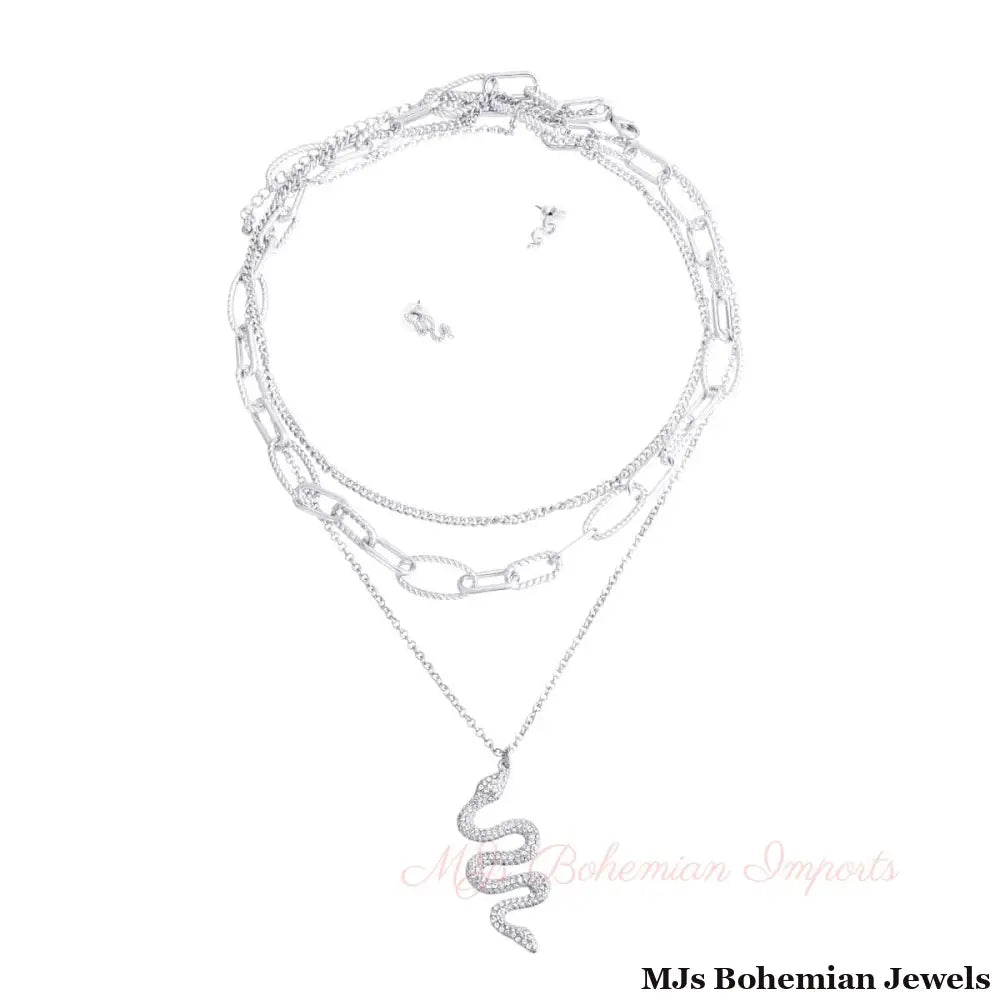 Silver Textured Chain Iced Snake Necklace