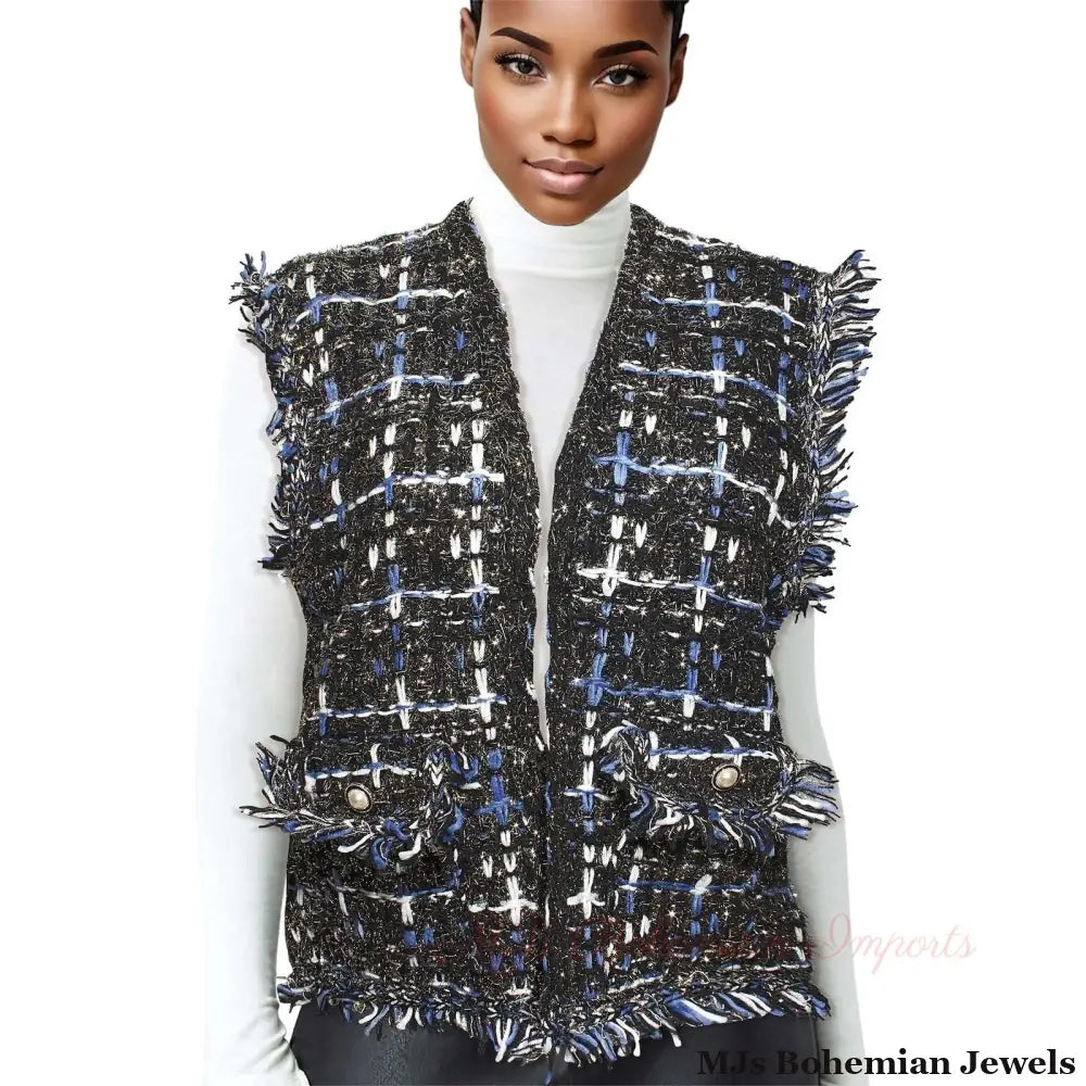 Silver Threaded Festive Tweed Black Vest for Women