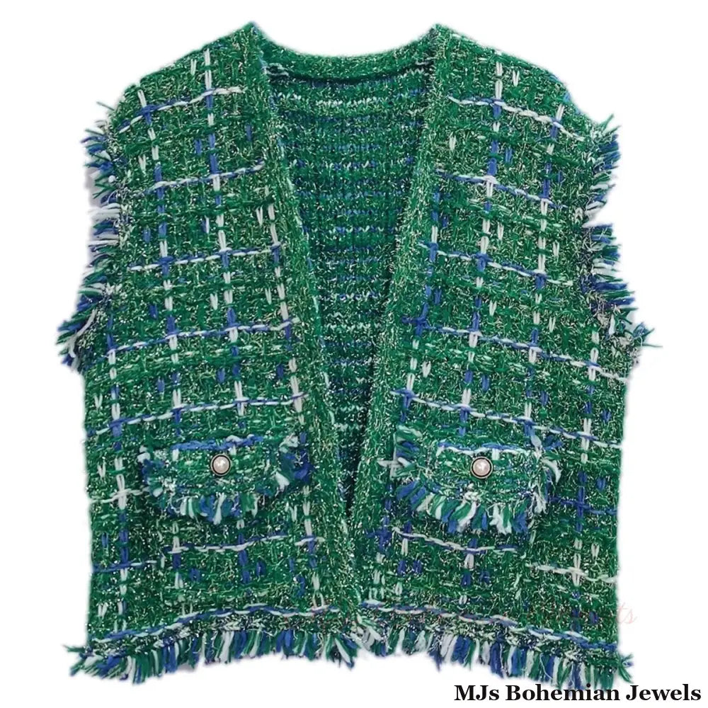 Silver Threaded Festive Tweed Green Vest for Women