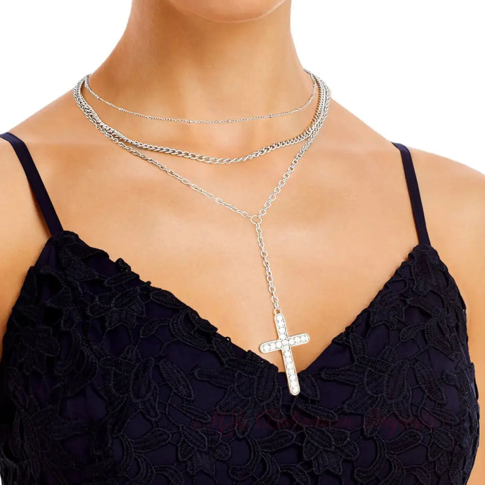 Silver Triple Chain Cross Set