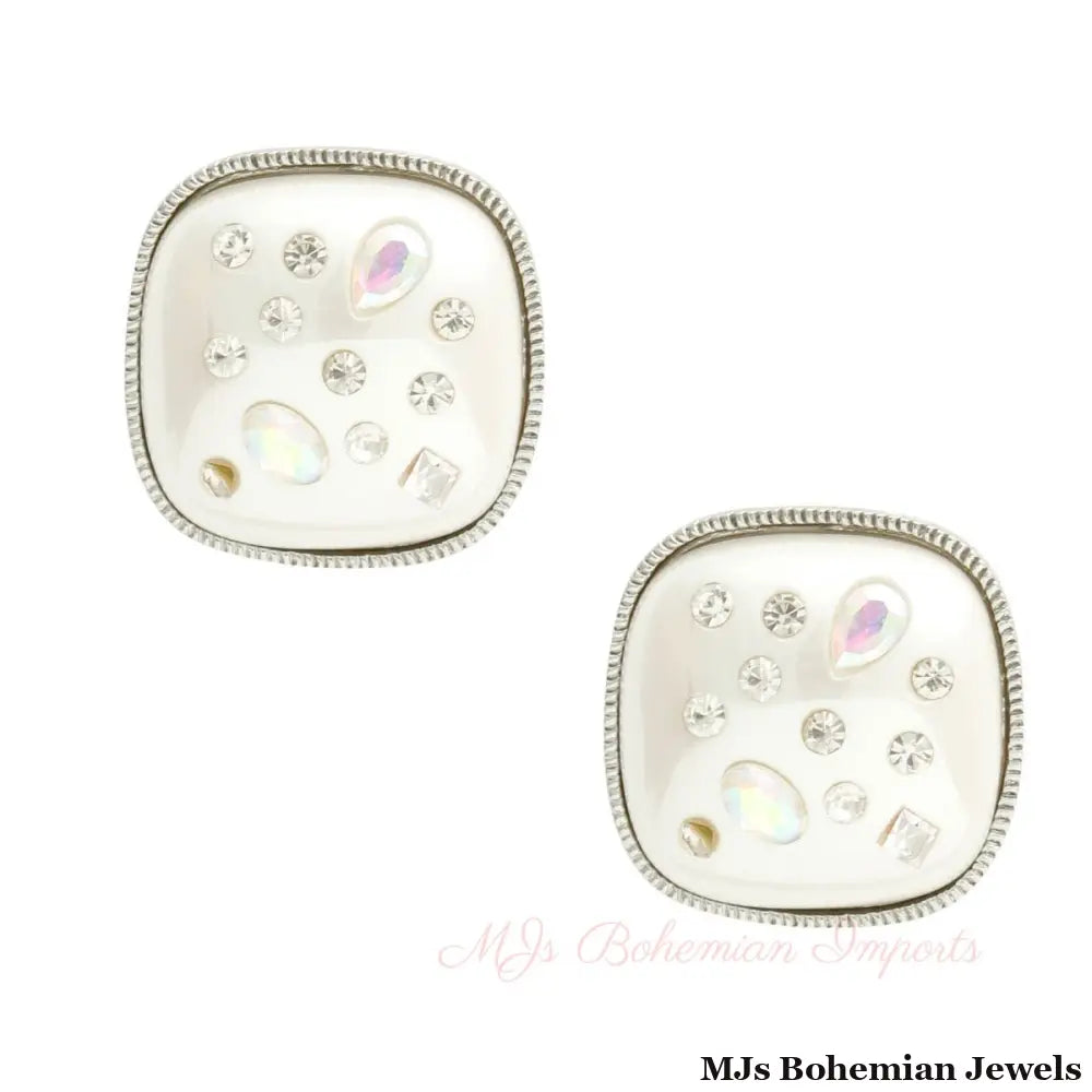 Silver White Pearl Square Studs