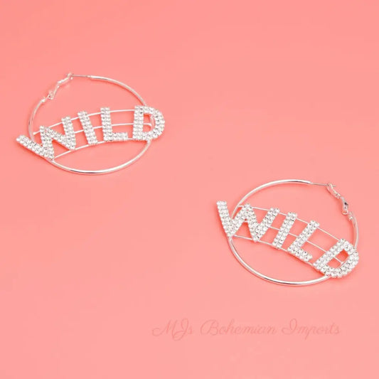 Silver WILD Rhinestone Hoops