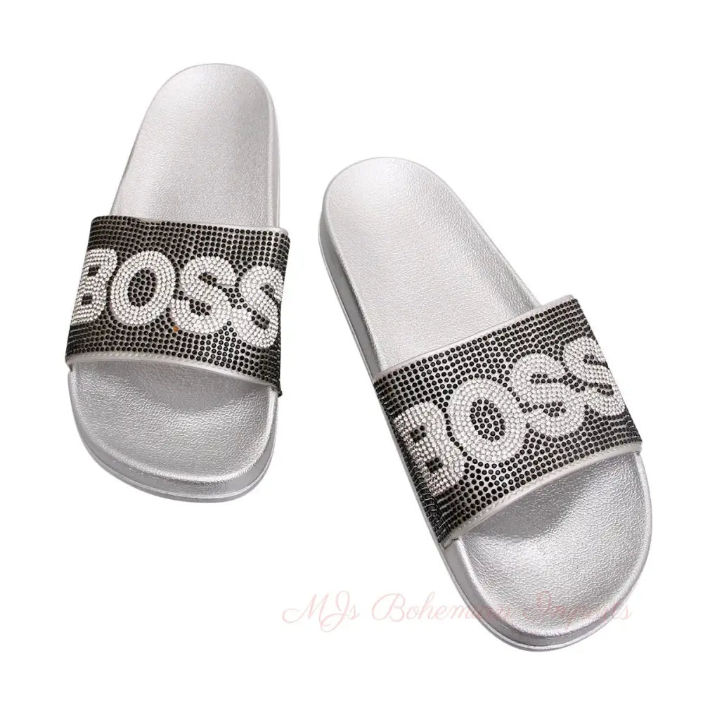 Size 10 Black BOSS Silver Slides